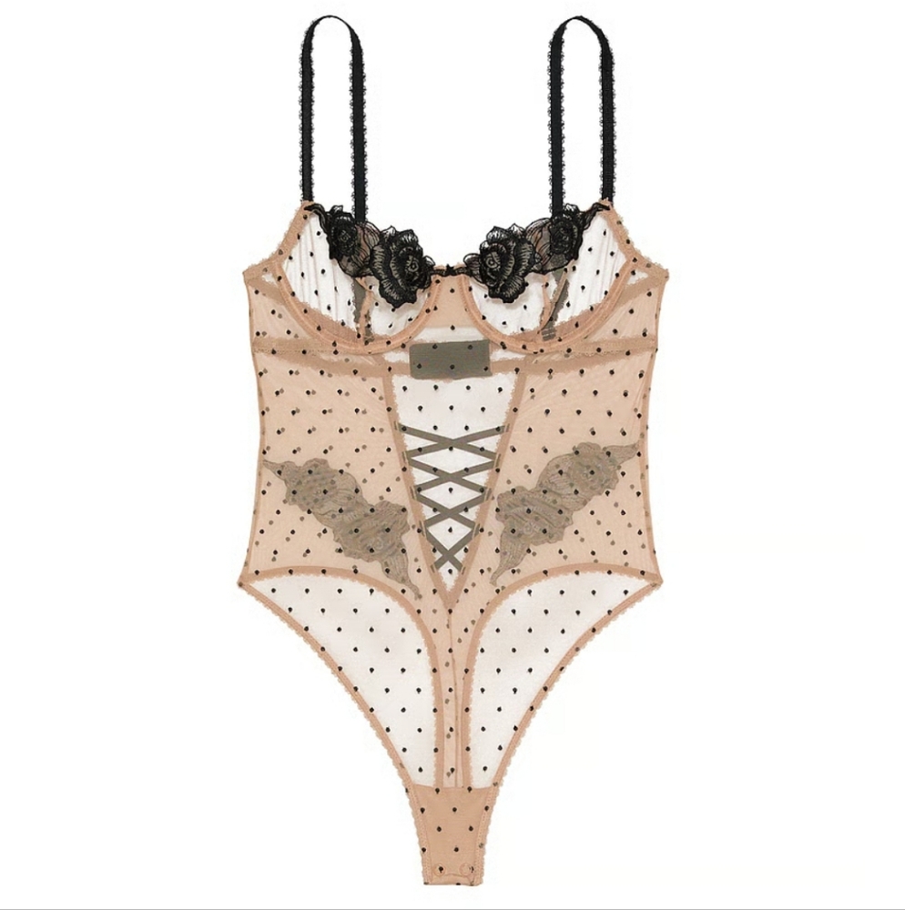 NWT Victoria's Secret -Sz L- Sexy Black Lace Polka Dot Bodysuit